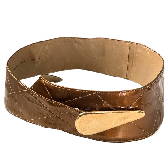 Retro Belt Embossed Copper Color Wide Belt Narrows to Gold Teardrop Buckle Sz M - Picture 13 of 13